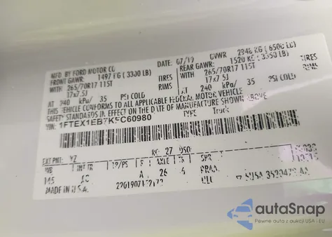 2019 Ford F-150 Xl из США, поврежденный, VIN 1FTEX1EB7KFC60980